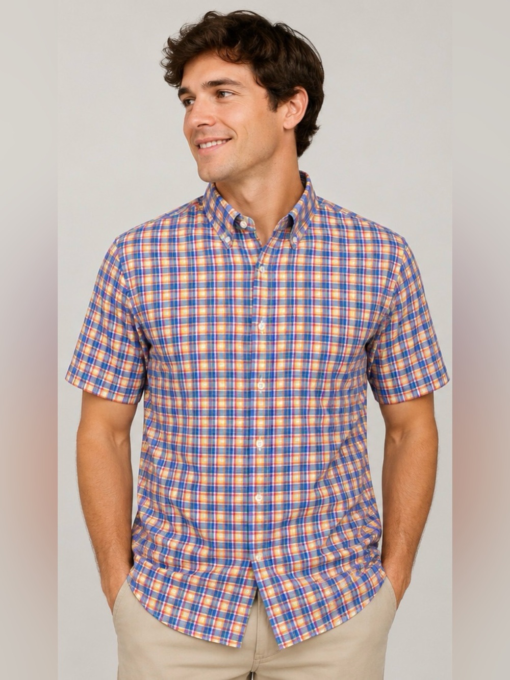 Alan Flusser Men’s XL Plaid Short Sleeve Button Down Shirt 100% Cotton